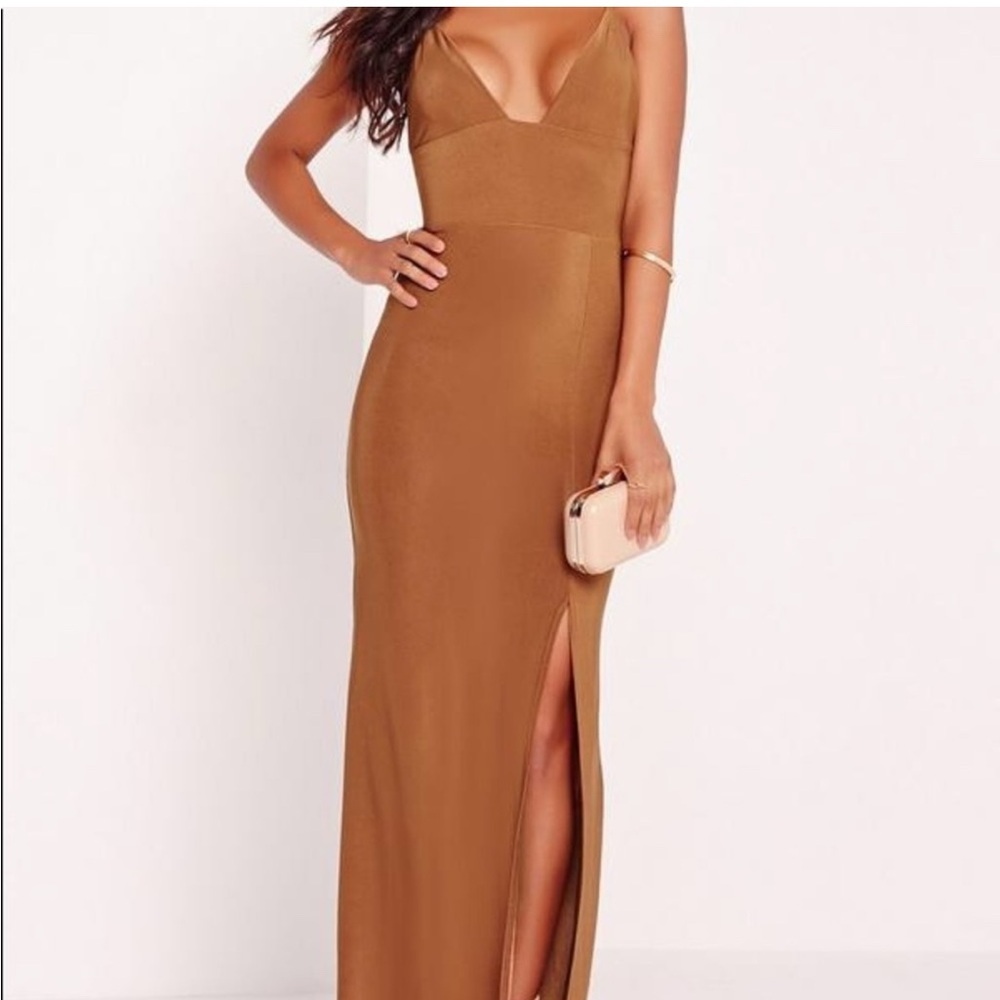 Missguided Brown / bronze spaghetti strap Maxi Dress with Plunge Neckline formal